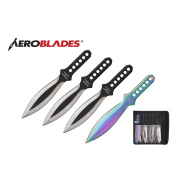 4 Piece 7.5" Silver Wings Throwing Knives Set w/ Holes in the Handle (3 Pieces Black, 1 Piece Rainbow)