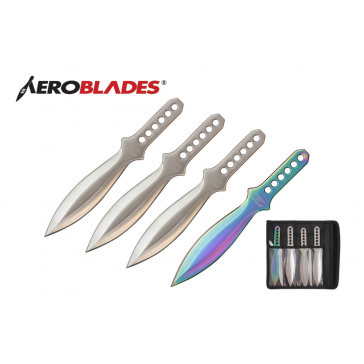 4 Piece 7.5" Silver Wings Throwing Knives Set w/ Holes in the Handle (3 Pieces Chrome, 1 Piece Rainbow)