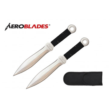 2 Piece 7.5" Double Edged Kunai-Style Throwing Knives Set w/  Cord Wrapped Handle (Chrome)