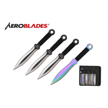 4 Piece 7.5" Double Edged Kunai-Style Throwing Knives Set w/  Cord Wrapped Handle  (3 Pieces Black, 1 Piece Rainbow)