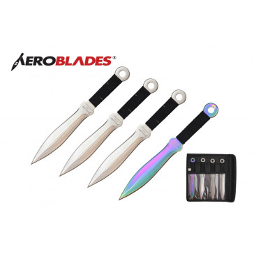 4 Piece 7.5" Double Edged Kunai-Style Throwing Knives Set w/  Cord Wrapped Handle  (3 Pieces Chrome, 1 Piece Rainbow)