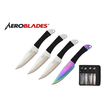 4 Piece 7.5" Throwing Knives Set w/  Cord Wrapped Handle  (3 Pieces Chrome, 1 Piece Rainbow)