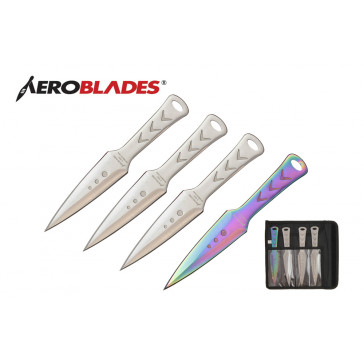 4 Piece 7.5" Double Edged Throwing Knives Set w/ 3-Arrow Detail on Handle (3 Pieces Chrome, 1 Piece Rainbow)