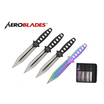 4 Piece 7.5" Double Edged Throwing Knives Set w/ Holes in Handle (3 Pieces Black, 1 Piece Rainbow)