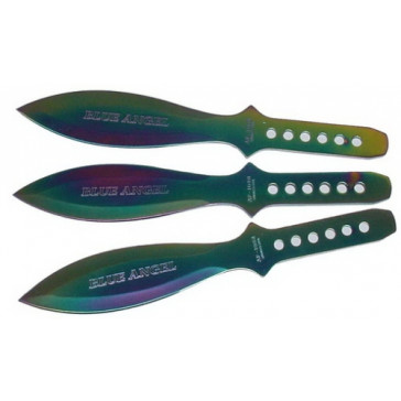 3 Piece 9" Rainbow Blue Angel Throwing Knives With Case