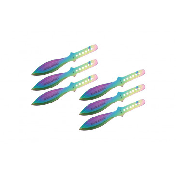 6 Piece 9" Rainbow Blue Angel Throwing Knives With Case