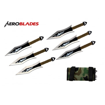 6 Piece 6.5" Two Toned Dragon Bladed Throwing Knives Set With Green Wrapped Handles And Camo Carrying Case