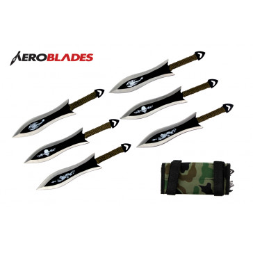 6 Piece 6.5" Two Toned Scorpion Design Bladed Throwing Knives With Green Cord Wrapped Handles And Camo Carrying Case