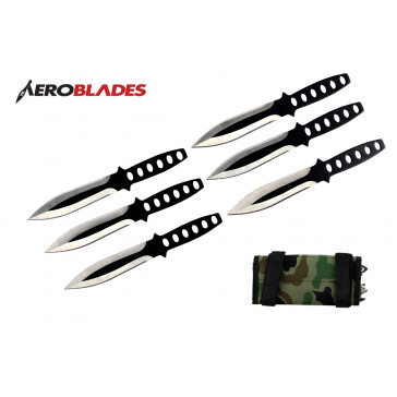 6 Piece 6.5" Two Toned Black Aero Blades Throwing Knives Set With Camo Carrying Case