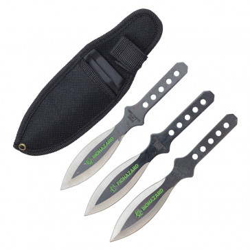 3 6.5" black biohazard throwing knives with nylon case