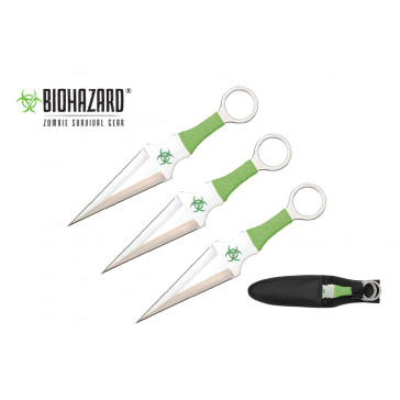 3 Piece 9" Biohazard Kunai Style Throwing Knife Set w/ Neon Green Cord Wrapped Handle (Chrome)