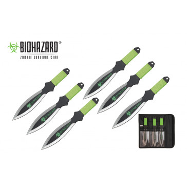 6 Piece 9" Biohazard Silver Wing Throwing Knife Set w/ Neon Green Cord Wrapped Handle (Black)
