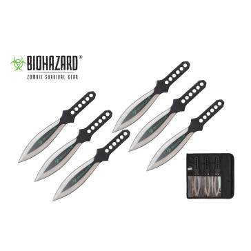 6 Piece 9" Biohazard Silver Wing Throwing Knife Set w/ Holes in the Handle (Black)