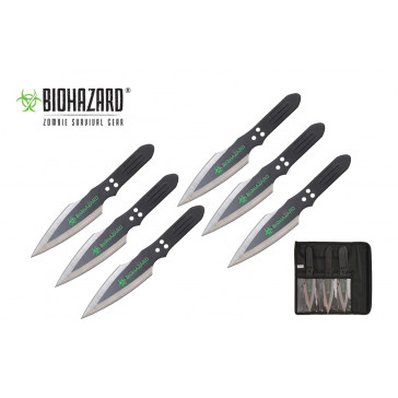 6 Piece 9" Biohazard Thunderbolt Throwing Knife Set (Black w/ Chrome Edge)