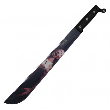 22" Top Serrated Zombie Pictured Blade Machete With Black Handle And Nylon Sheath 