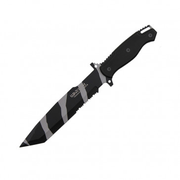 14" Black And White Camo Tanto Blade Hunting Knife With ABS Handle And Black Nylon Sheath 