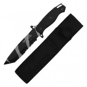 12" Black And White Camo Hunting Knife W/ Plastic Handle And Sheath 