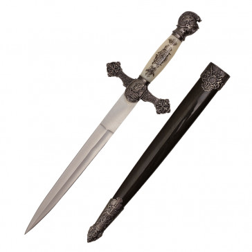 13.75" Scrimshaw Designed Medieval Dagger White Handle With Black Scabbard 