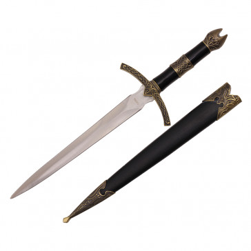 14" Medieval Dagger With Golden Handle Design and  Black Scabbard 