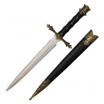 14" Medieval Dagger With Golden Handle Crown Design At the Top And Black Scabbard With Gold Angel Engraved