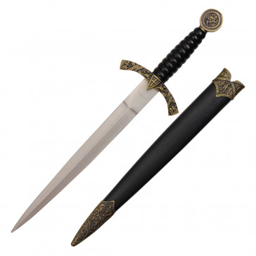 14" Medieval Designed Dagger With Knight And Horse On Handle And Black Scabbard With Dusty Gold Finish 