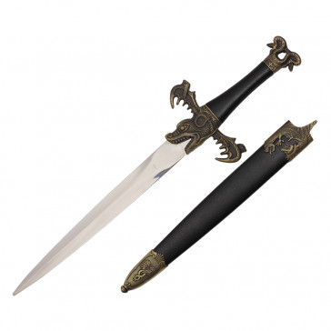 16" Medieval Dagger With Dragon Gold Handle Design With Black Scabbard 