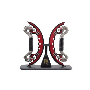 11" Dual Red Dragon Knives With Wooden Display Stand 