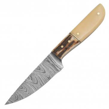 7" True Damascus (256-Layer) Knife w/ Stag Horn & White Bone Handle