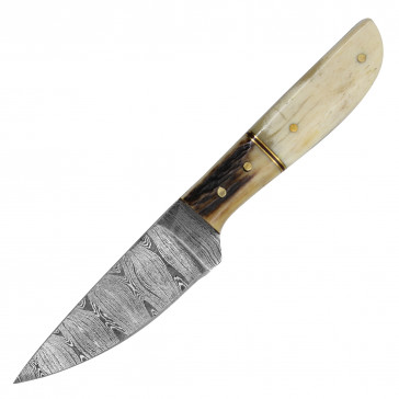 7.5" True Damascus (256-Layer) Knife w/ Stag Horn Handle & White Bone Inlay