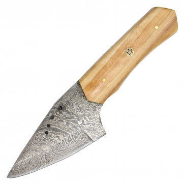 7" True Damascus Leaf Shaped Knife w/ Smooth Olive Wood Inlay