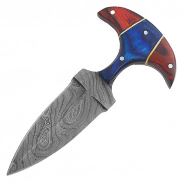 5.75" True Damascus (256-Layer) Push Dagger Knife w/ & Multi-Colored Wood Handle