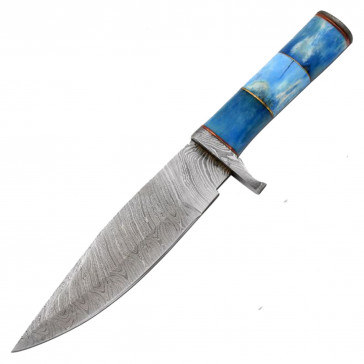 13.5" True Damascus (256-Layer) Knife w/ Dyed Blue Bone Handle