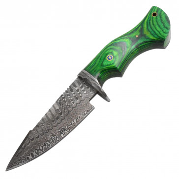 11" True Damascus (256-Layer) Fixed Blade w/ Green Wood Handle