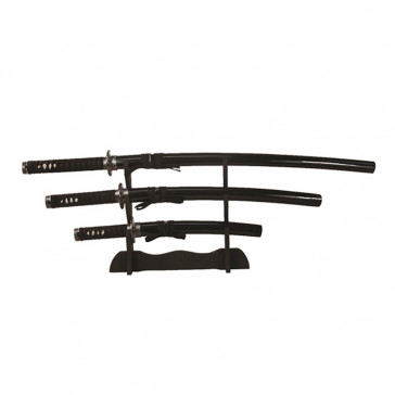 Three Piece Black Samurai Sword Set With Wooden Display Stand 