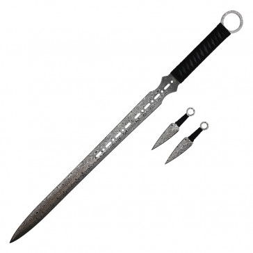 27" DAMASCUS ETCH NINJA SWORD WITH THROWING KNIVES