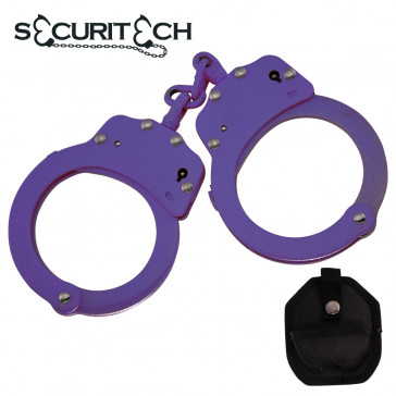 Stainless Steel Tactical Police Chained Purple Handcuffs w/ Nylon Case