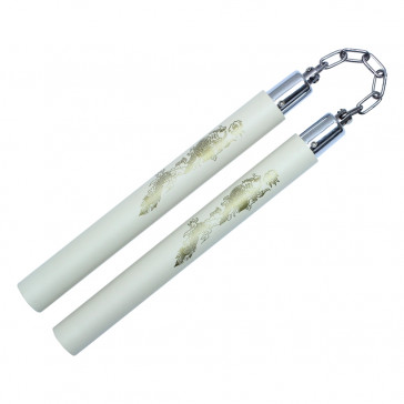 Foam Nunchaku w/ Ball Bearing Chain & Dragon Design White