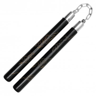 12" Black Wood Nunchaku w/ Dragon