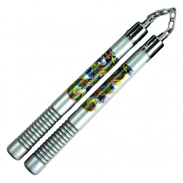 12" Silver Wooden Nunchaku With Painted Dragon Design And Metal Chain Link