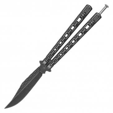 9.5" Butterfly Knife w/ Chained Stainless Steel Stonewashed Handle