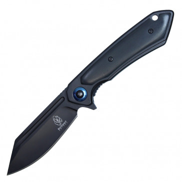 8" Black Stainless Steel Assisted Pocket Knife w/ Black Handle & Blue Accent