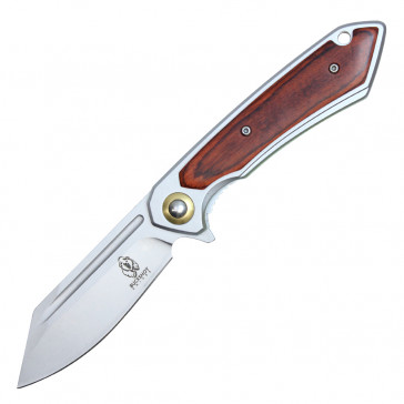 8" Stainless Steel Assisted Pocket Knife w/ Wood Handle & Gold Accent