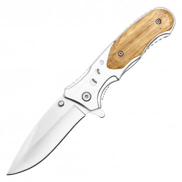7.75"  Chrome Assisted Pocket Knife W/ Wooden Handle