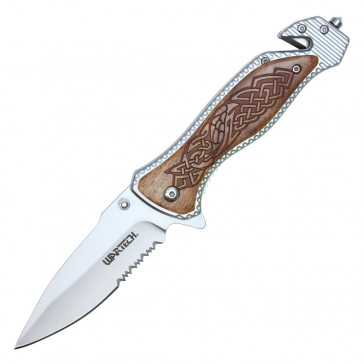8" Silver Stainless Steel Assisted Pocket Knife w/ Celtic Patterned Handle & Serrated Edge