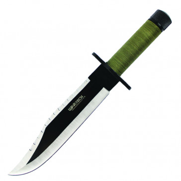 Two Toned Blade Hunting Knife With Green Cord Wrapped Handle and Leather Sheath
