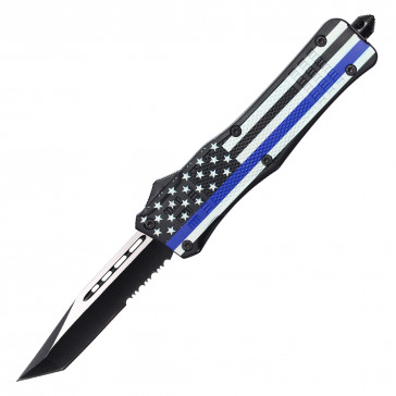 9.5" Atomic Thin Blue Line Auto OTF Knife w/ Tanto Serrated Blade