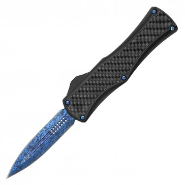 7.75" ATOMIC Aircraft Aluminum Carbon-Fiber w/ Blue Etched Damascus Blade OTF