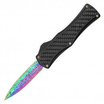 7.75" ATOMIC Aircraft Aluminum Carbon-Fiber w/ Rainbow Etched Damascus Blade OTF