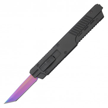 6.13" Black Micro OTF Knife w/ Rainbow Tanto Blade