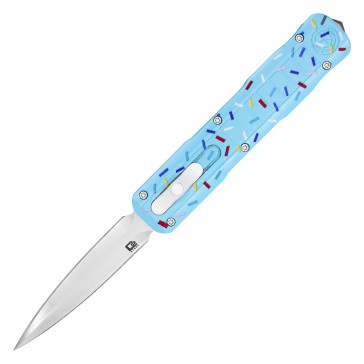 7.5" UltraLite Atomic USA Blue Sprinkle Cupcake OTF Auto D2 Steel Double Edge Blade w/ Kydex Gift Box